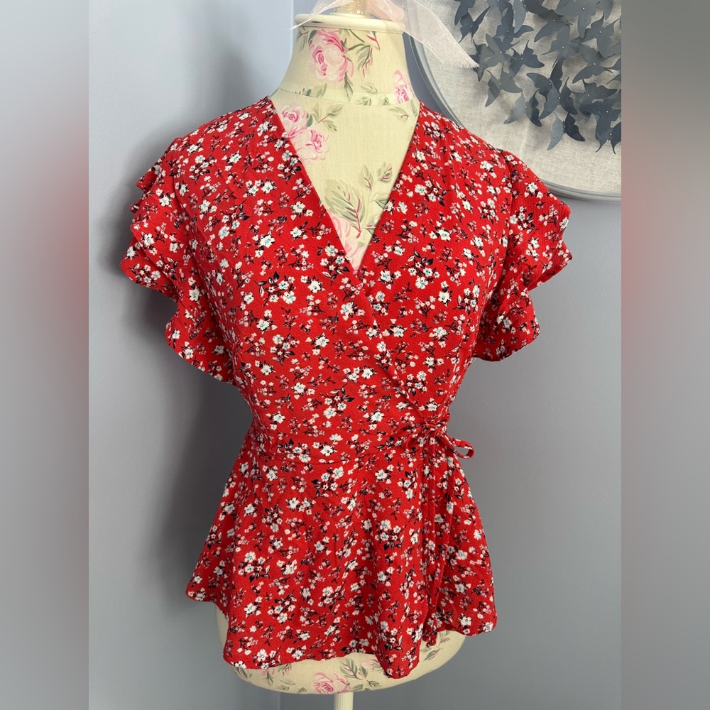 Monteau Red Floral Ruffle Faux Wrap Blouse